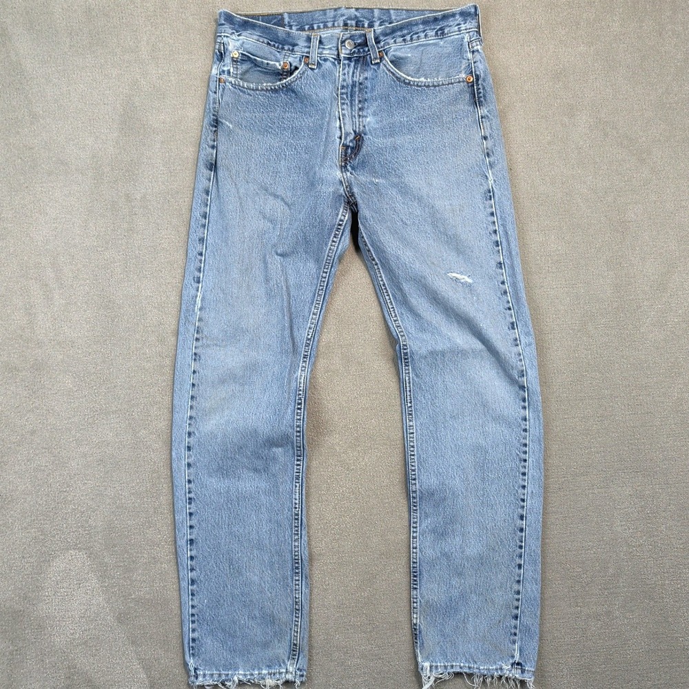 Levis 505 Regular Fit Jeans Mens 34x34 Light Wash Distressed Frayed Hem Denim